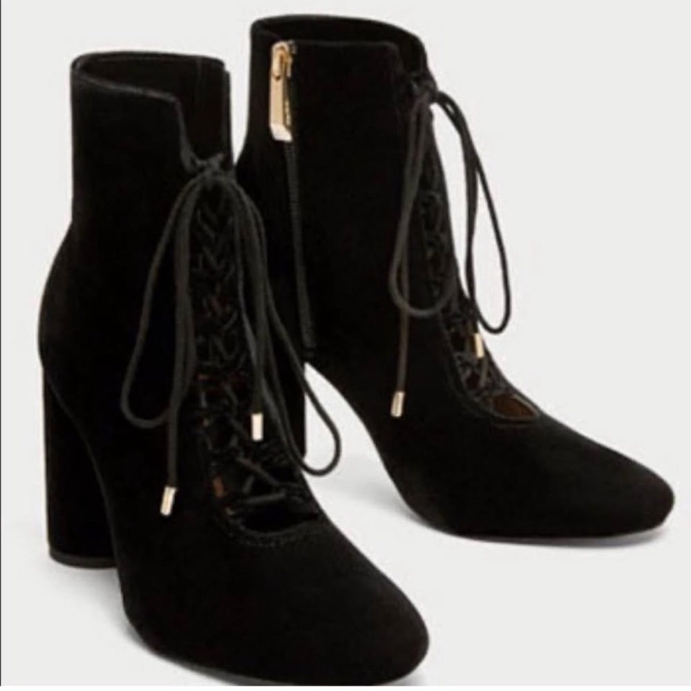 Zara Black Lace-Up Ankle Boots with Block Heels